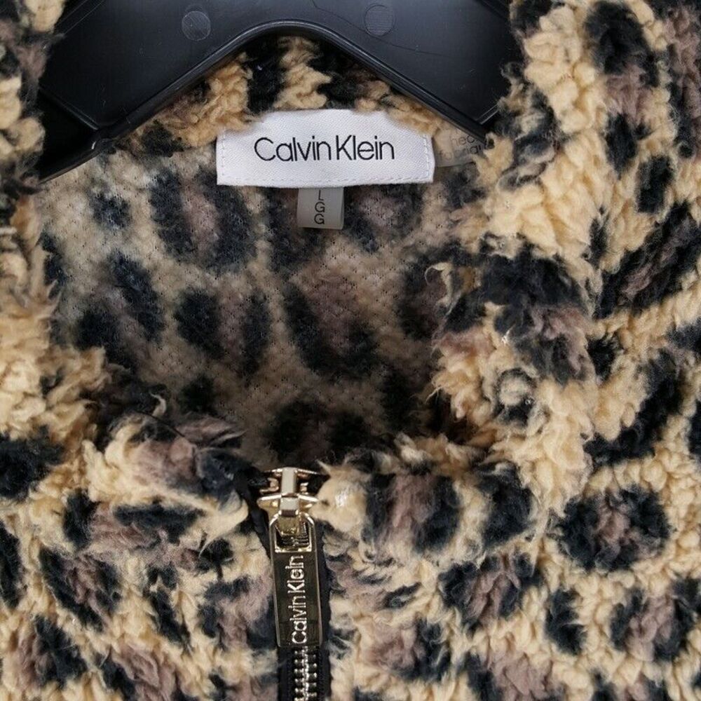 CALVIN KLEIN Womens Jacket Large Tan Leopard Zip Up Sherpa Plush Teddy Pockets - Picture 3 of 8